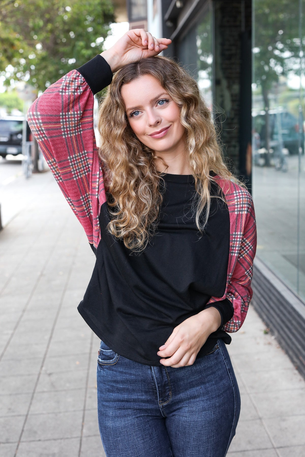 7th Ray You Got This Burgundy Plaid Dolman Round Neck Top