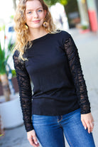 Haptics Can't Help But Love Black Shirred Velvet Mesh Blouse final sale Haptics