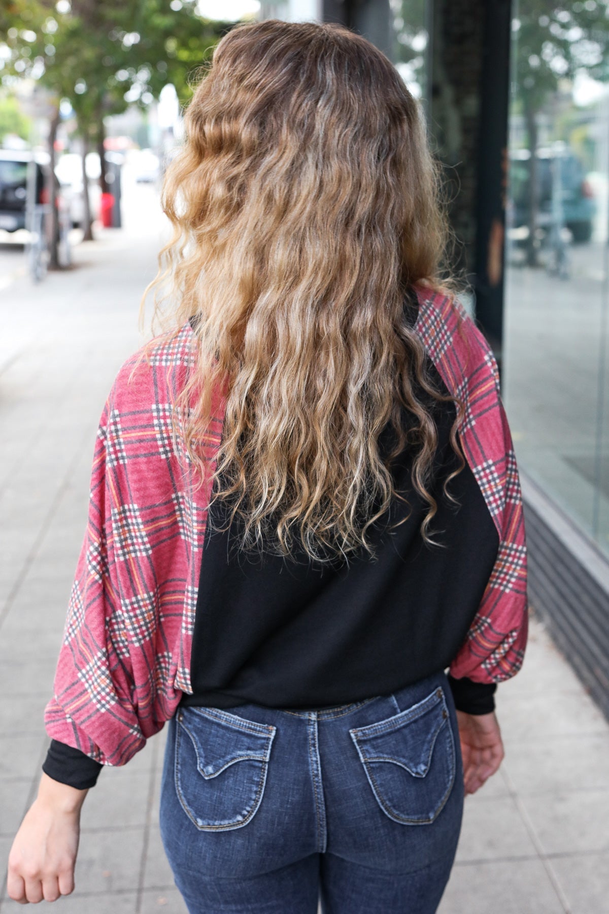 7th Ray You Got This Burgundy Plaid Dolman Round Neck Top