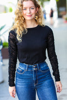 Haptics Can't Help But Love Black Shirred Velvet Mesh Blouse final sale Haptics