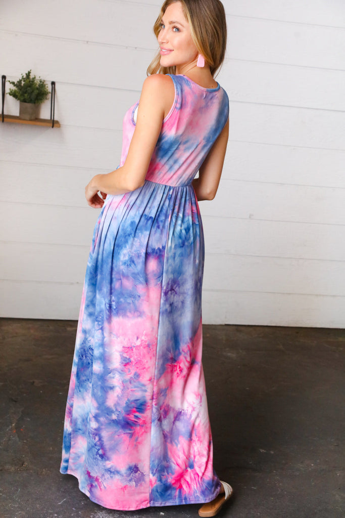 Haptics Pink & Blue Tie Dye Fit and Flare Sleeveless Maxi Dress Haptics