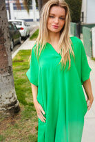 First Love Casual Chic Green Woven Notched V Neck Dolman Sleeve Frock Dress
