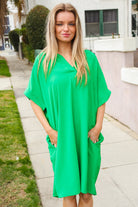 First Love Casual Chic Green Woven Notched V Neck Dolman Sleeve Frock Dress Large