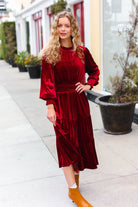 Haptics Burgundy Velvet Mock Neck Smocked Waist Dress Haptics