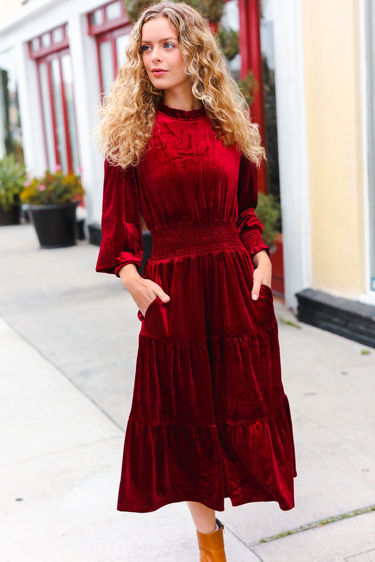 Haptics Burgundy Velvet Mock Neck Smocked Waist Dress Haptics