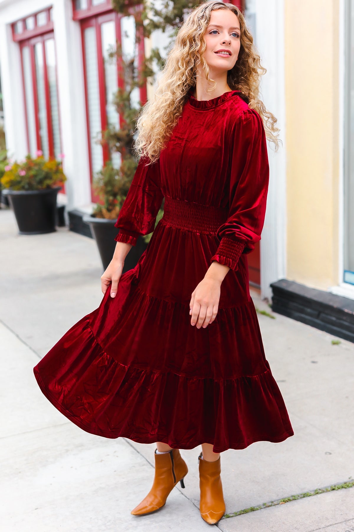 Haptics Burgundy Velvet Mock Neck Smocked Waist Dress Haptics