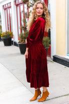 Haptics Burgundy Velvet Mock Neck Smocked Waist Dress Haptics