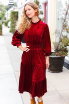 Haptics Burgundy Velvet Mock Neck Smocked Waist Dress Haptics