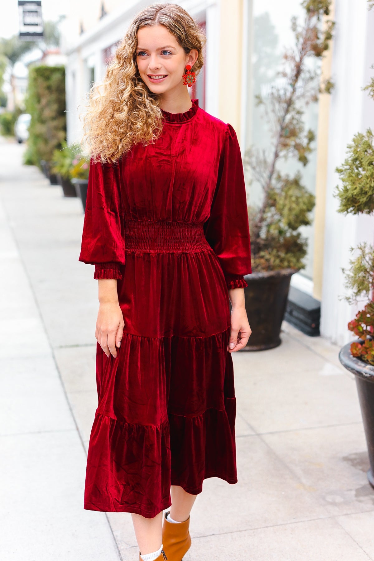 Haptics Burgundy Velvet Mock Neck Smocked Waist Dress Haptics