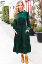 Haptics Hunter Green Velvet Mock Neck Smocked Waist Dress Haptics