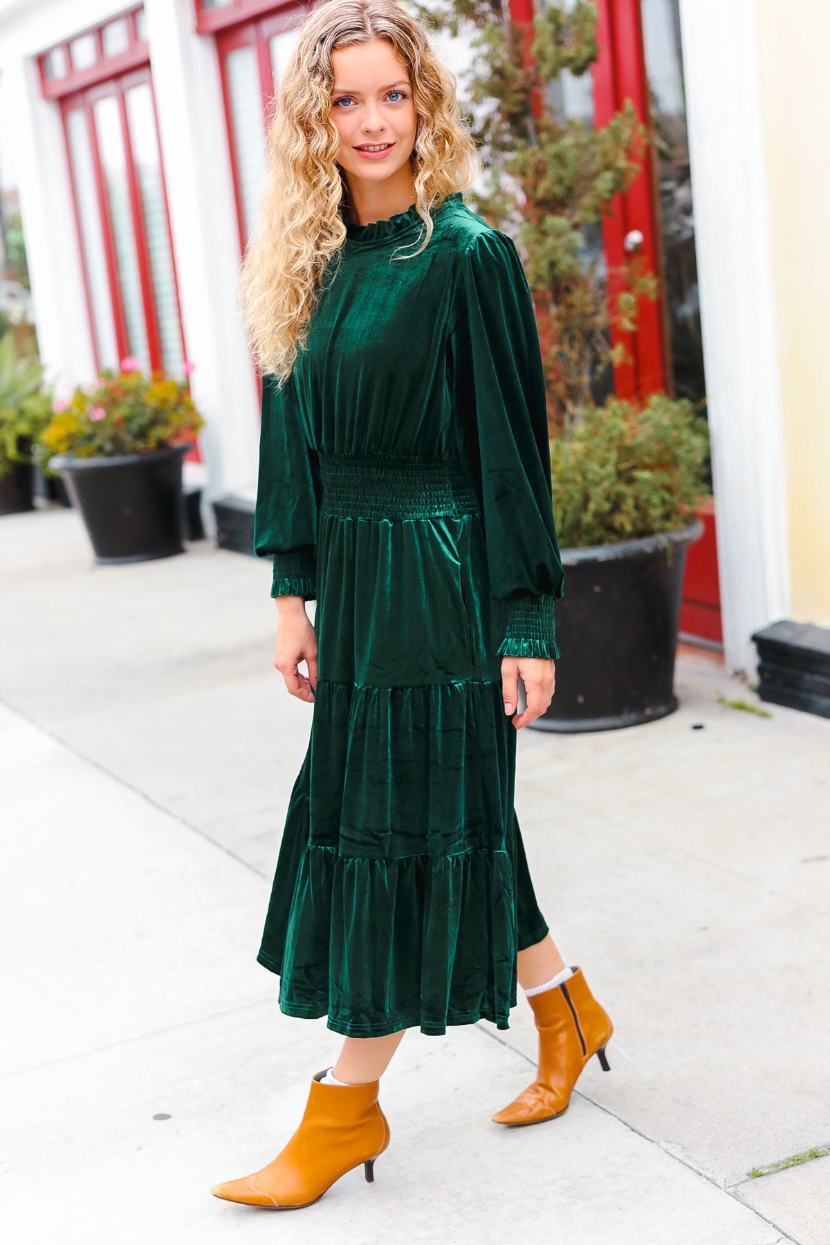 Haptics Hunter Green Velvet Mock Neck Smocked Waist Dress Haptics