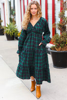 Haptics Hunter Green Plaid Elastic V Neck Tiered Maxi Dress