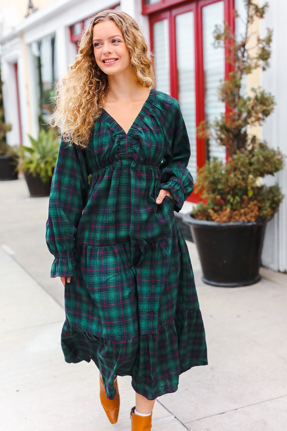 Haptics Hunter Green Plaid Elastic V Neck Tiered Maxi Dress Haptics