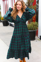 Haptics Hunter Green Plaid Elastic V Neck Tiered Maxi Dress