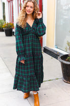 Haptics Hunter Green Plaid Elastic V Neck Tiered Maxi Dress