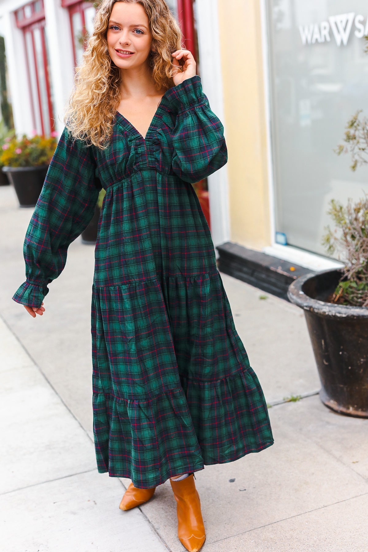 Haptics Hunter Green Plaid Elastic V Neck Tiered Maxi Dress Haptics