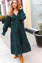 Haptics Hunter Green Plaid Elastic V Neck Tiered Maxi Dress