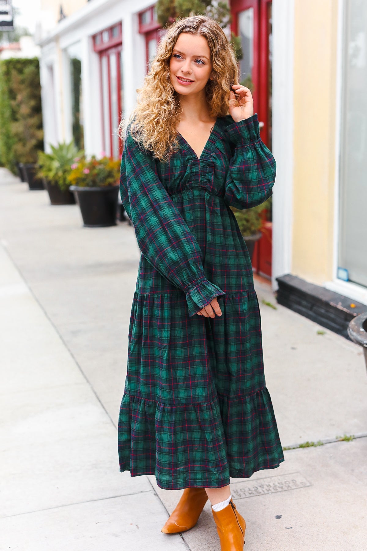 Haptics Hunter Green Plaid Elastic V Neck Tiered Maxi Dress Haptics