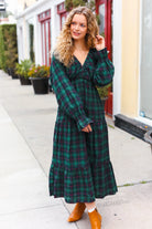 Haptics Hunter Green Plaid Elastic V Neck Tiered Maxi Dress