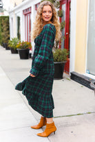 Haptics Hunter Green Plaid Elastic V Neck Tiered Maxi Dress