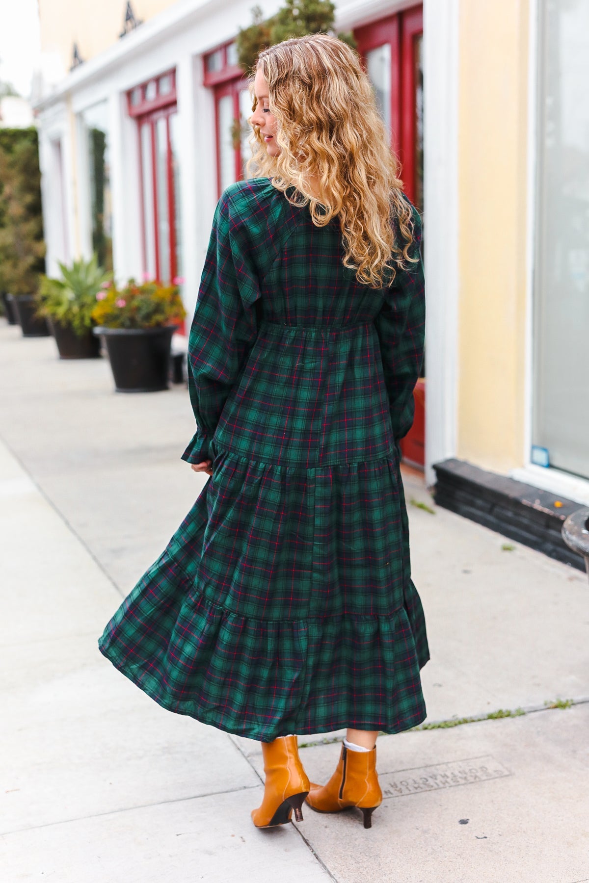 Haptics Hunter Green Plaid Elastic V Neck Tiered Maxi Dress Haptics