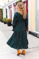 Haptics Hunter Green Plaid Elastic V Neck Tiered Maxi Dress