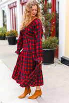 Haptics Holiday Red Plaid Elastic V Neck Tiered Maxi Dress Haptics