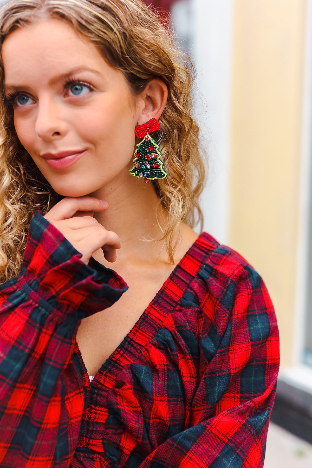 Christmas Tree Beaded & Rhinestone Dangle Earrings ICON