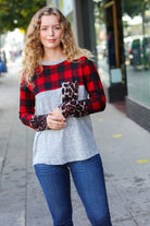 Grateful Hearts Grey & Red Plaid Animal Print Pocketed Top Haptics