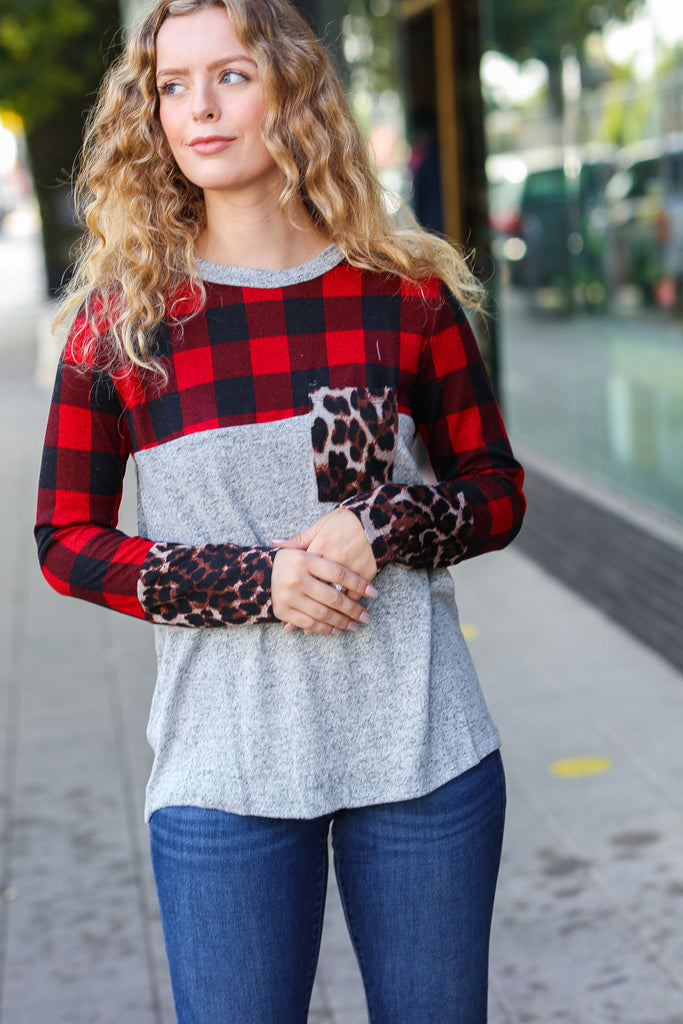 Grateful Heart All Of Me Grey & Red Plaid Animal Print Pocketed Top Grateful Heart
