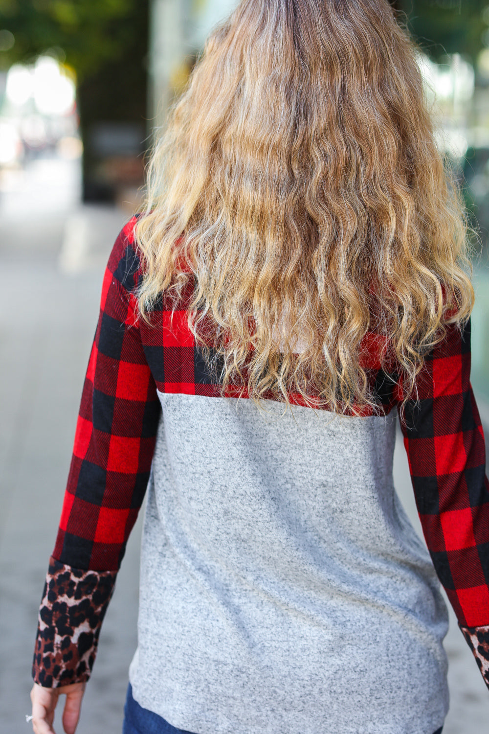 Grateful Hearts Grey & Red Plaid Animal Print Pocketed Top Haptics