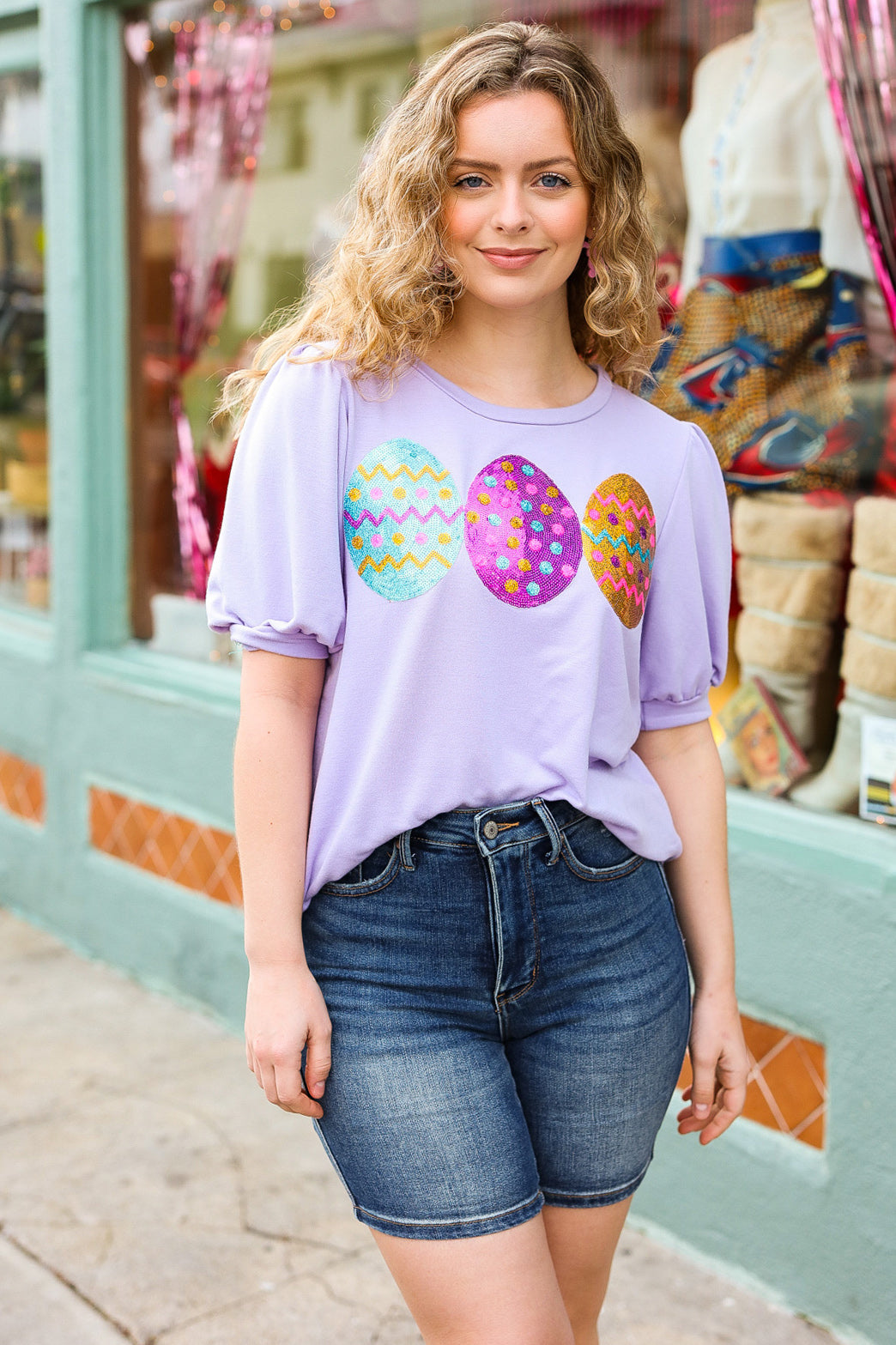 Turn Heads Lilac Sequin Easter Egg Terry Top 2024 Blow-Out Sale