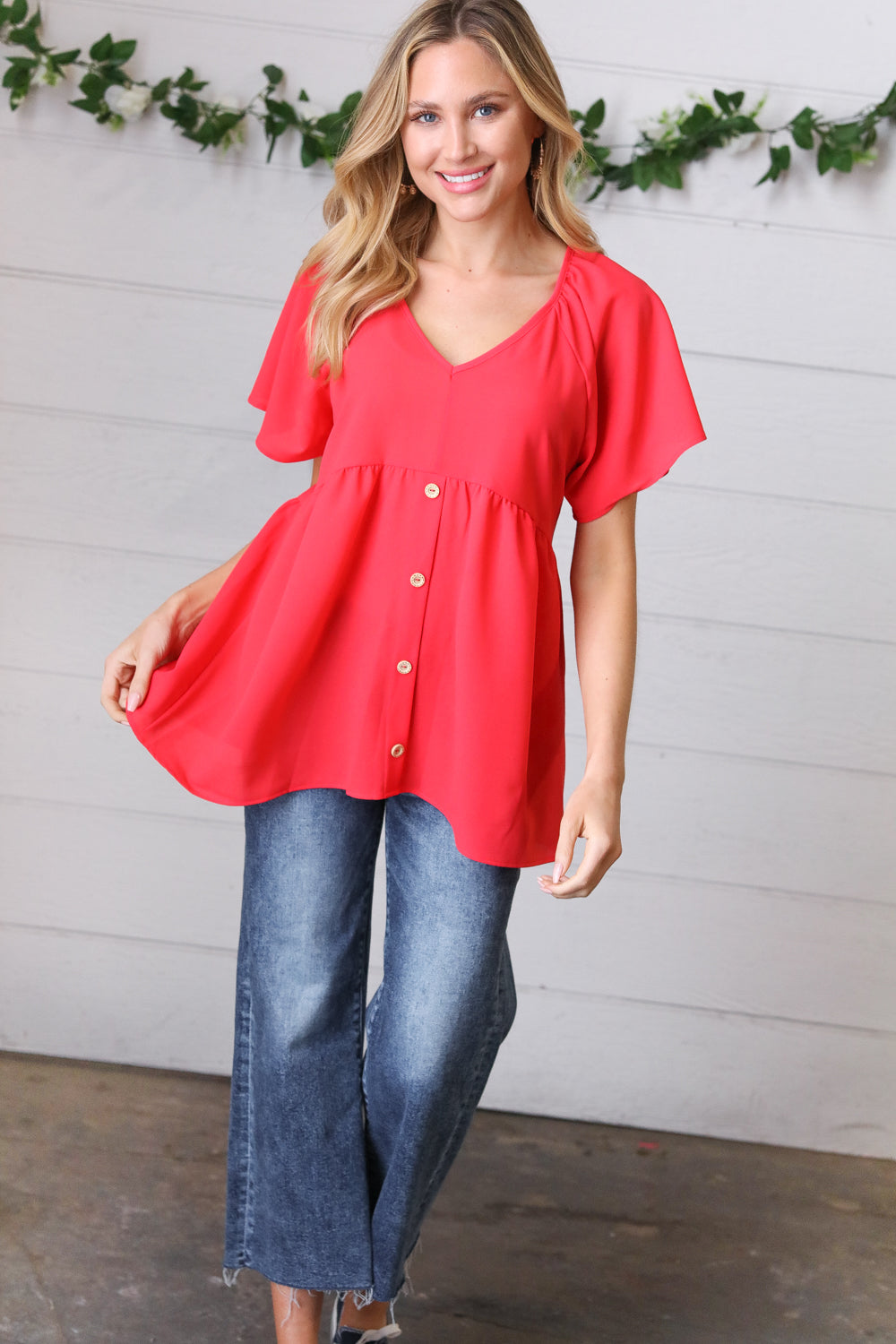 Haptics Cherry Red Babydoll Button Down Raglan Woven Top Final Sale