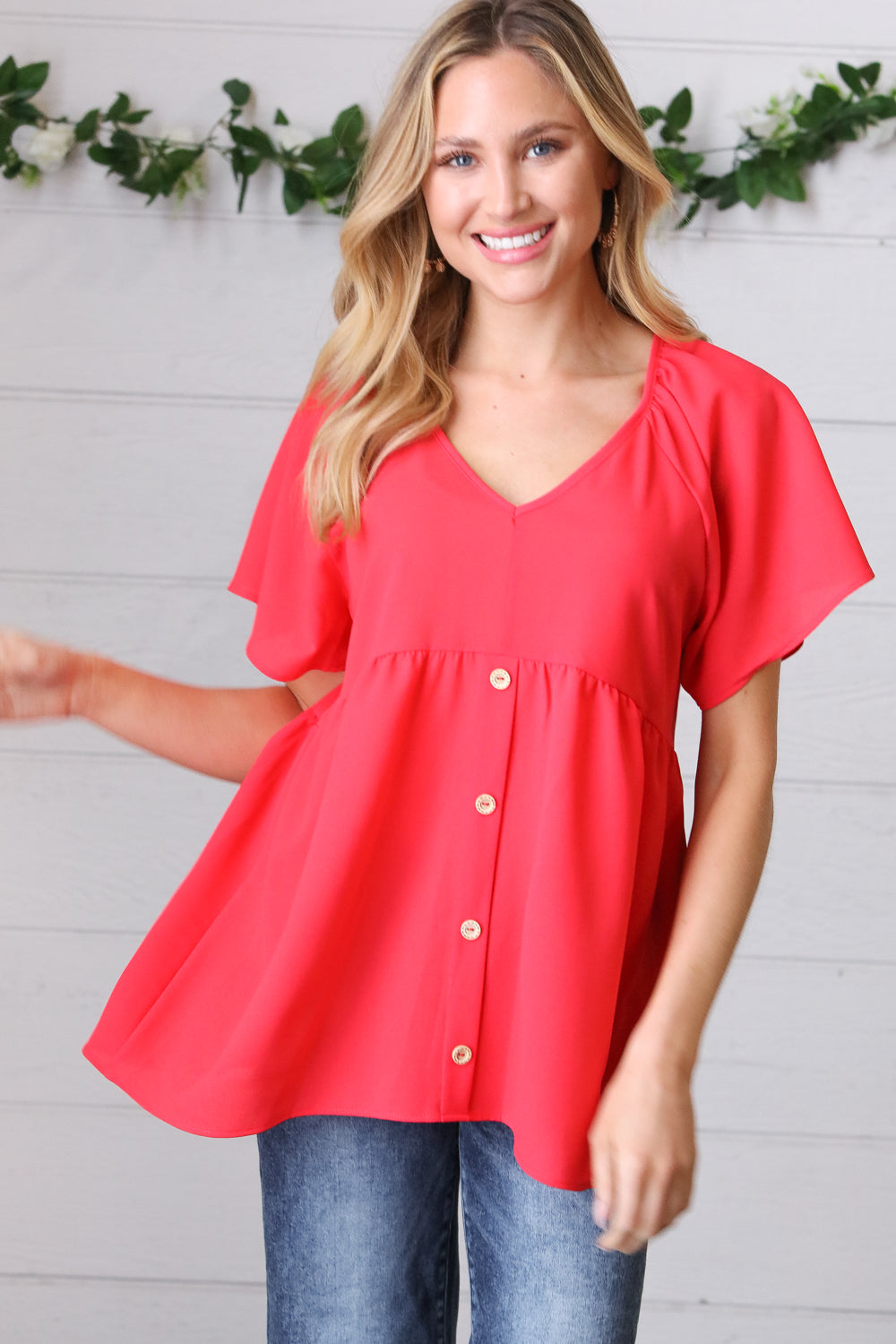 Haptics Cherry Red Babydoll Button Down Raglan Woven Top Final Sale