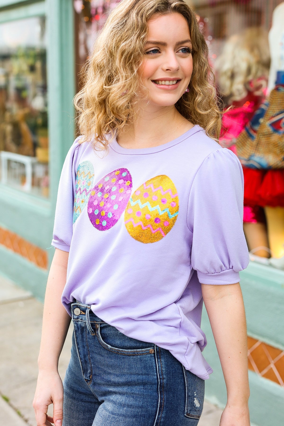 Haptics Turn Heads Lilac Sequin Easter Egg Terry Top Haptics