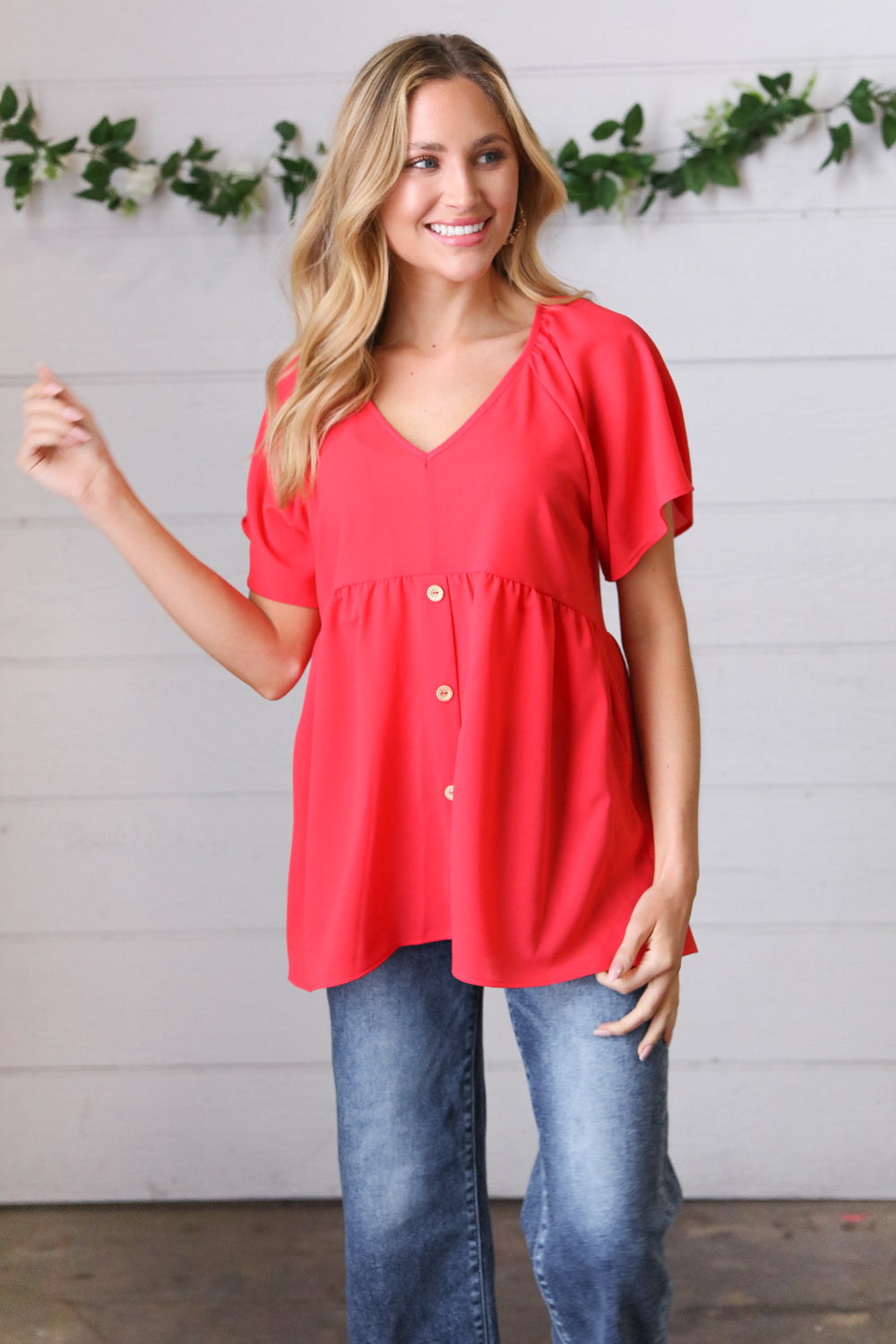 Haptics Cherry Red Babydoll Button Down Raglan Woven Top Final Sale