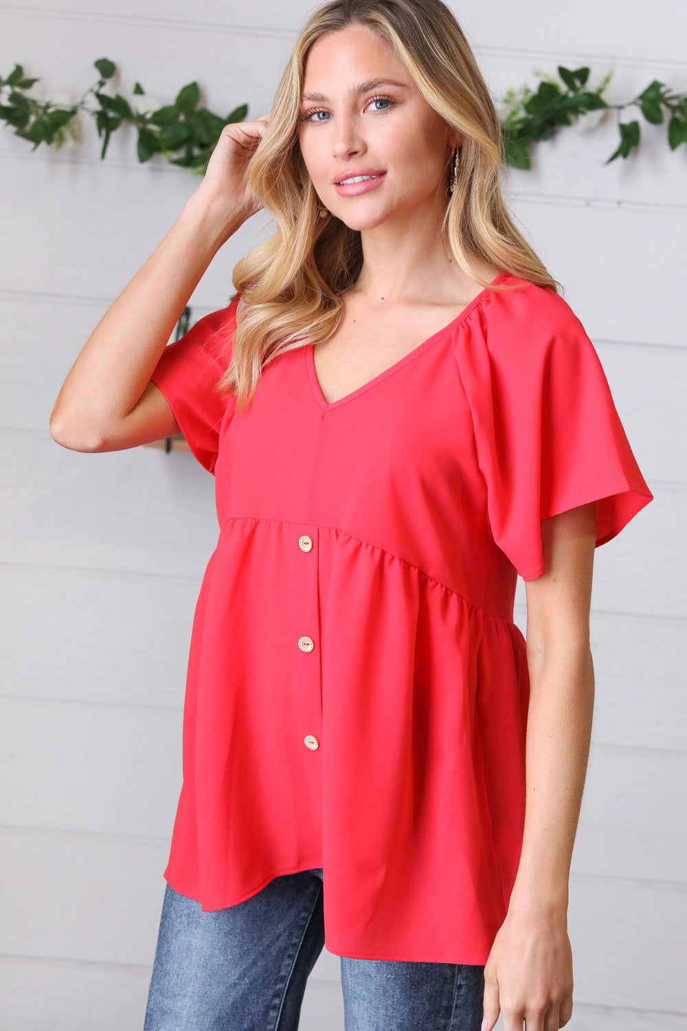 Haptics Cherry Red Babydoll Button Down Raglan Woven Top Final Sale