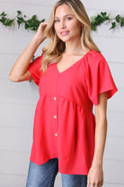 Haptics Cherry Red Babydoll Button Down Raglan Woven Top Final Sale
