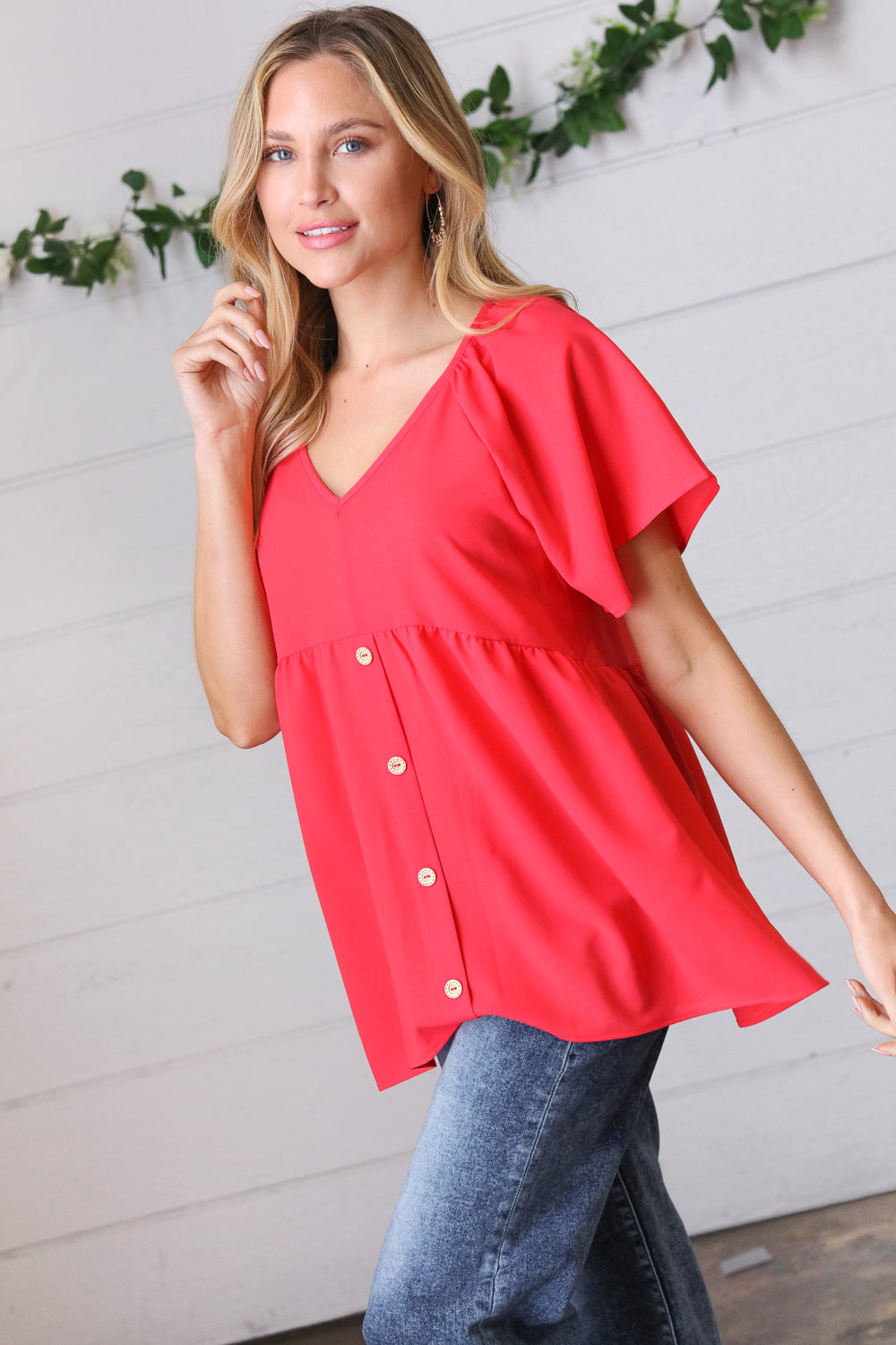 Haptics Cherry Red Babydoll Button Down Raglan Woven Top Final Sale