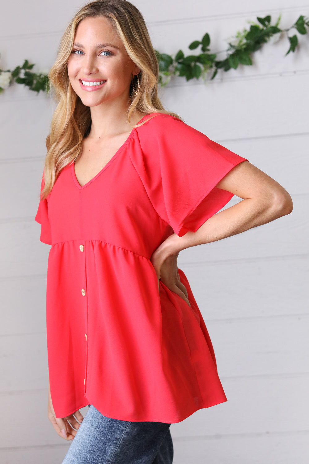 Haptics Cherry Red Babydoll Button Down Raglan Woven Top Final Sale