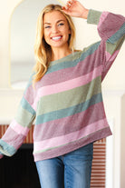 Haptics Classic Chic Olive & Burgundy Striped Textured Knit Top Haptics