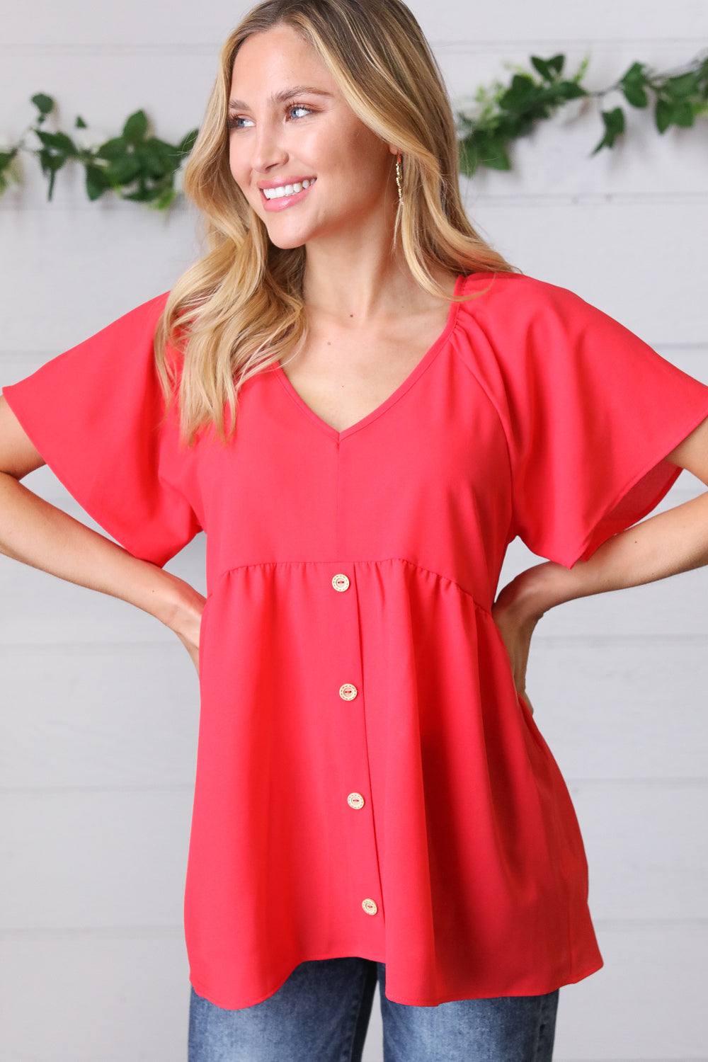 Haptics Cherry Red Babydoll Button Down Raglan Woven Top Final Sale