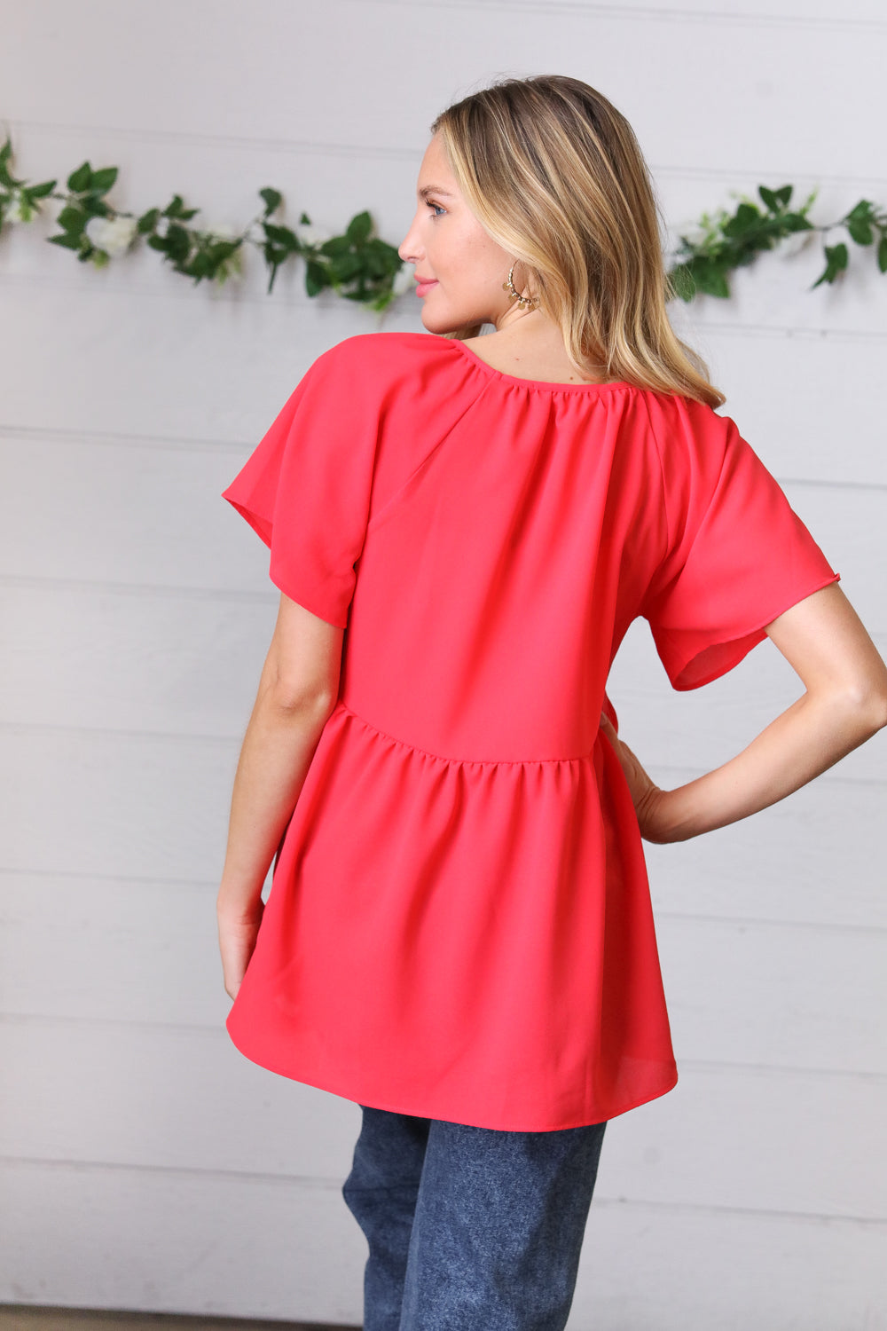 Haptics Cherry Red Babydoll Button Down Raglan Woven Top Final Sale