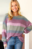 Haptics Classic Chic Olive & Burgundy Striped Textured Knit Top Haptics