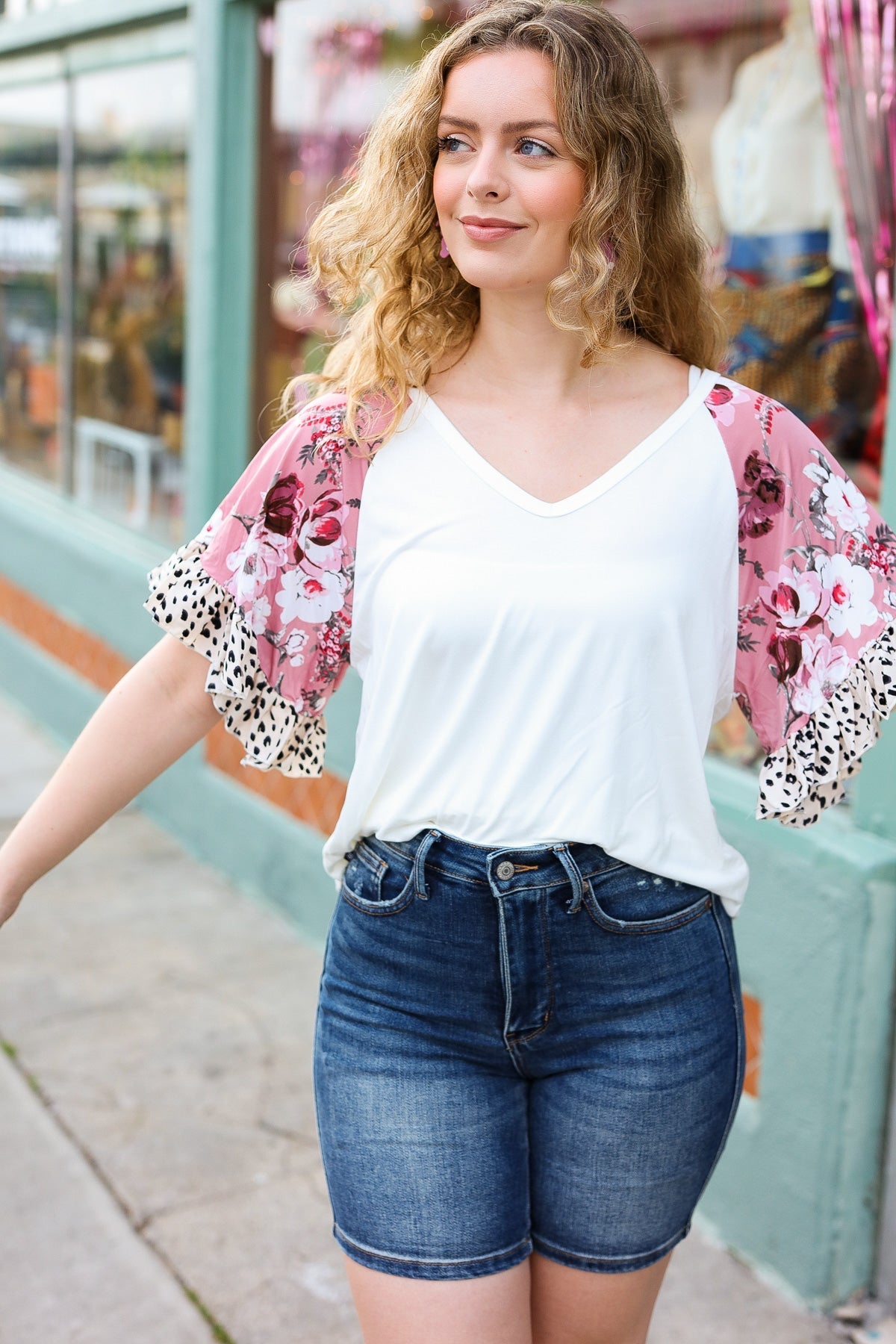 Beeson River Seize The Day Cream Floral & Animal Print Ruffle Sleeve Top Beeson River