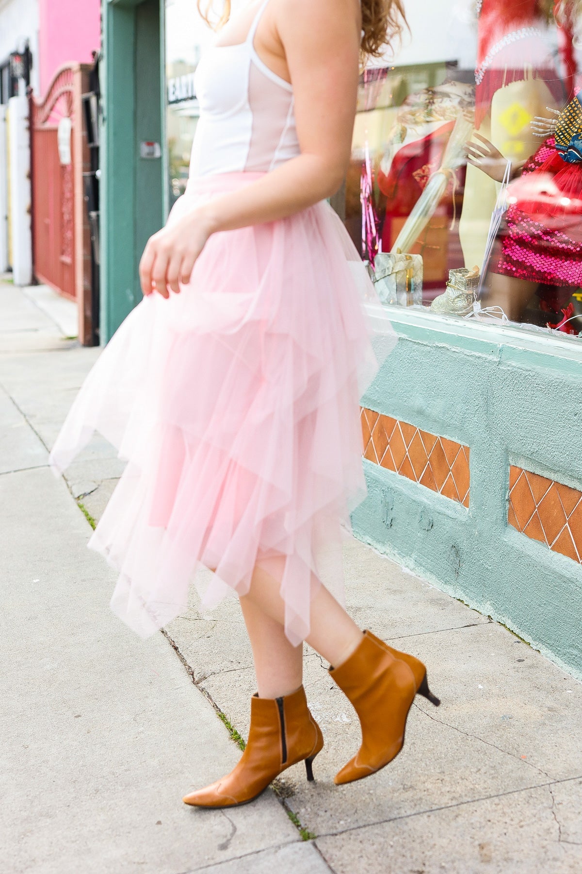 Haptics Feeling Femme' Blush Asymmetric Tiered Tulle Midi Skirt