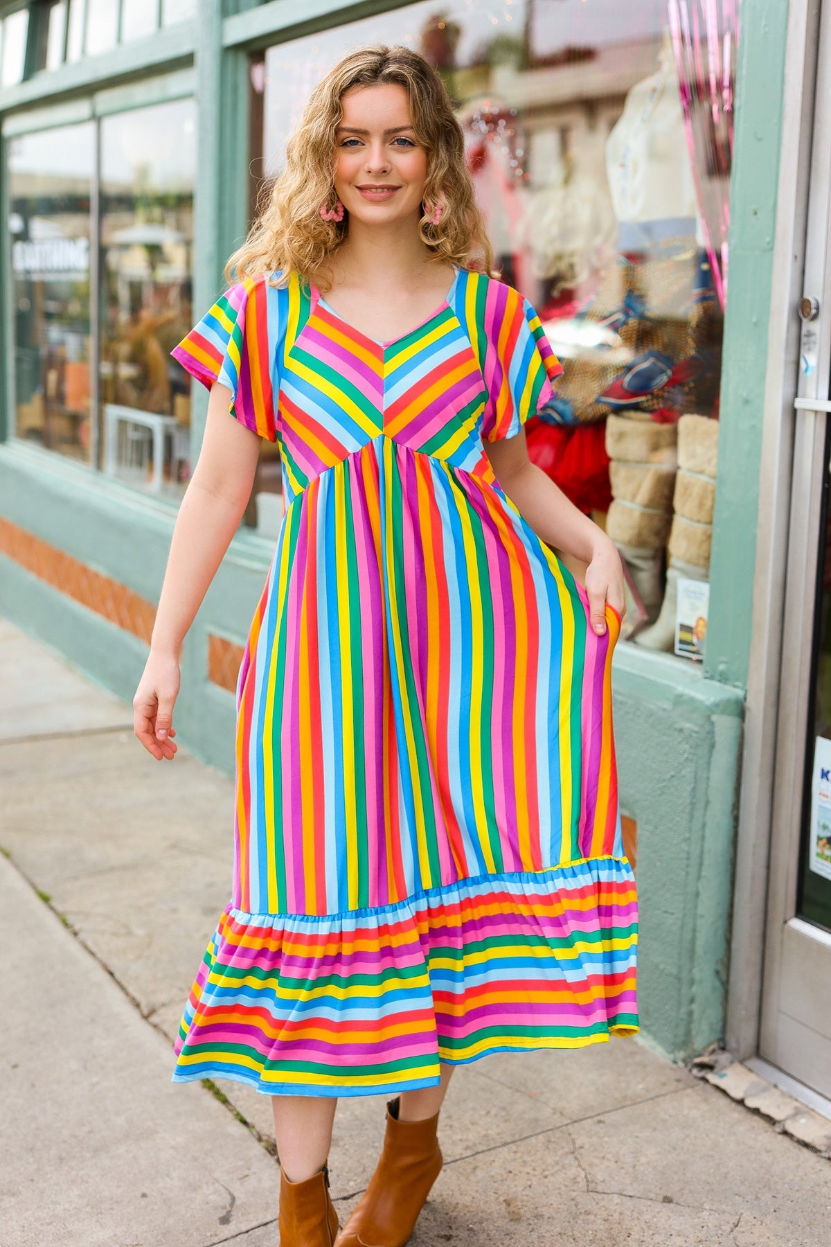 Haptics Bright Thoughts Rainbow Stripe Flutter Sleeve Fit & Flare Midi Dress-L Ruby Idol Apparel