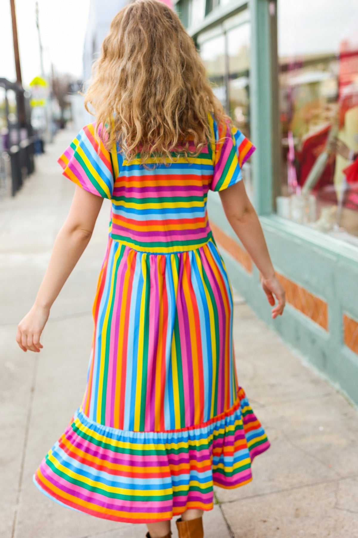 Haptics Bright Thoughts Rainbow Stripe Flutter Sleeve Fit & Flare Midi Dress-L Ruby Idol Apparel