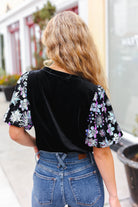 Haptics Feeling Glamorous Black Floral Sequin Puff Sleeve Velvet Top Haptics