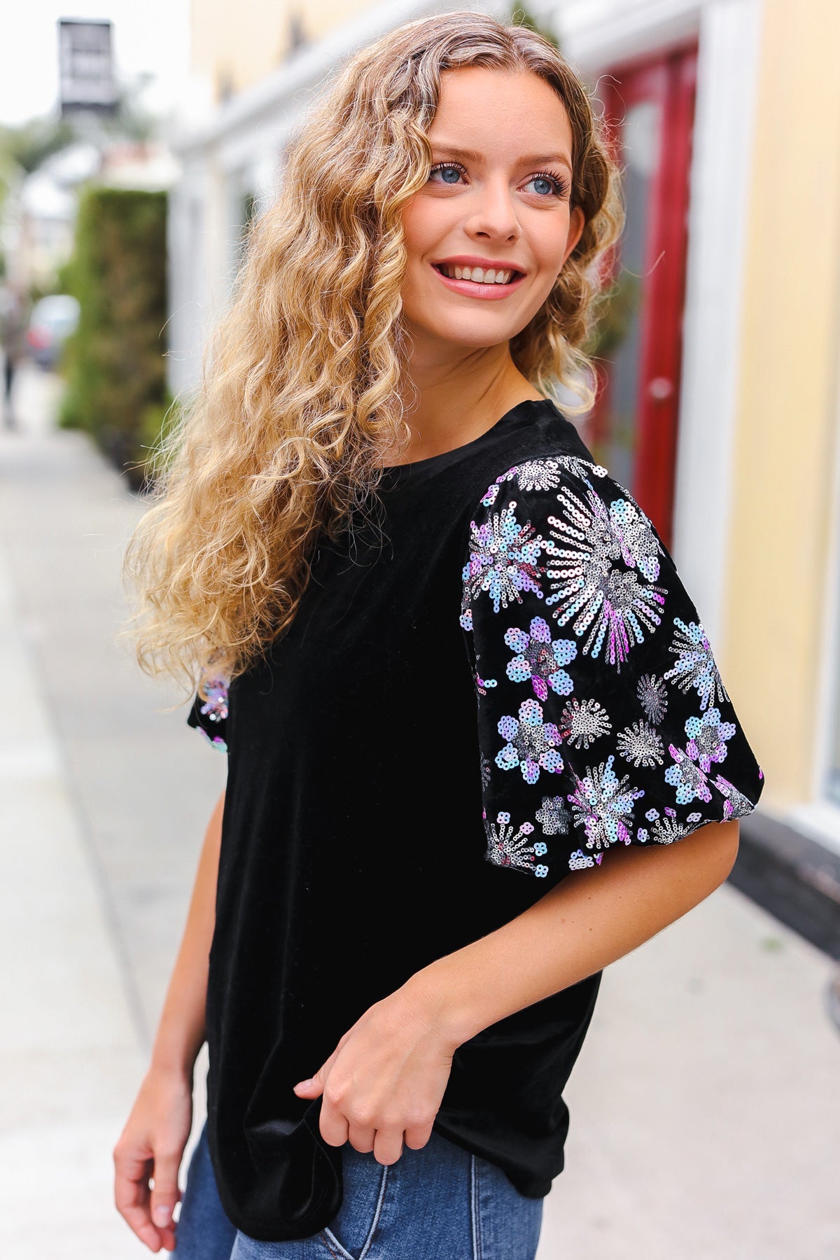 Haptics Feeling Glamorous Black Floral Sequin Puff Sleeve Velvet Top Haptics